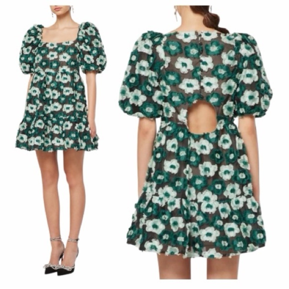 ELLIATT Helene Floral Appliqué Puff Sleeve Open Back Mini Dress. Size XS.